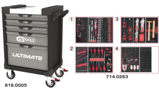 Servante grise & noire 5 tiroirs équipée de 263 outils KS TOOLS – 816.5263