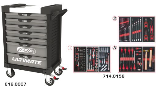 Servante grise & noire 7 tiroirs équipée de 158 outils KS TOOLS – 816.7158