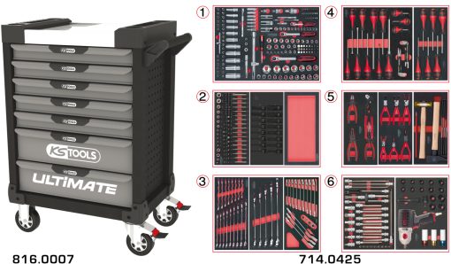 Servante grise & noire 7 tiroirs équipée de 429 outils KS TOOLS – 816.7425